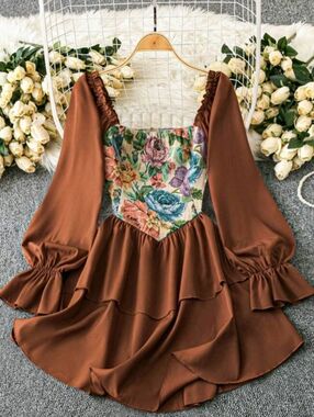Brown Floral-Panel Mini Dress with Puff Sleeves - Women Dresses Mini